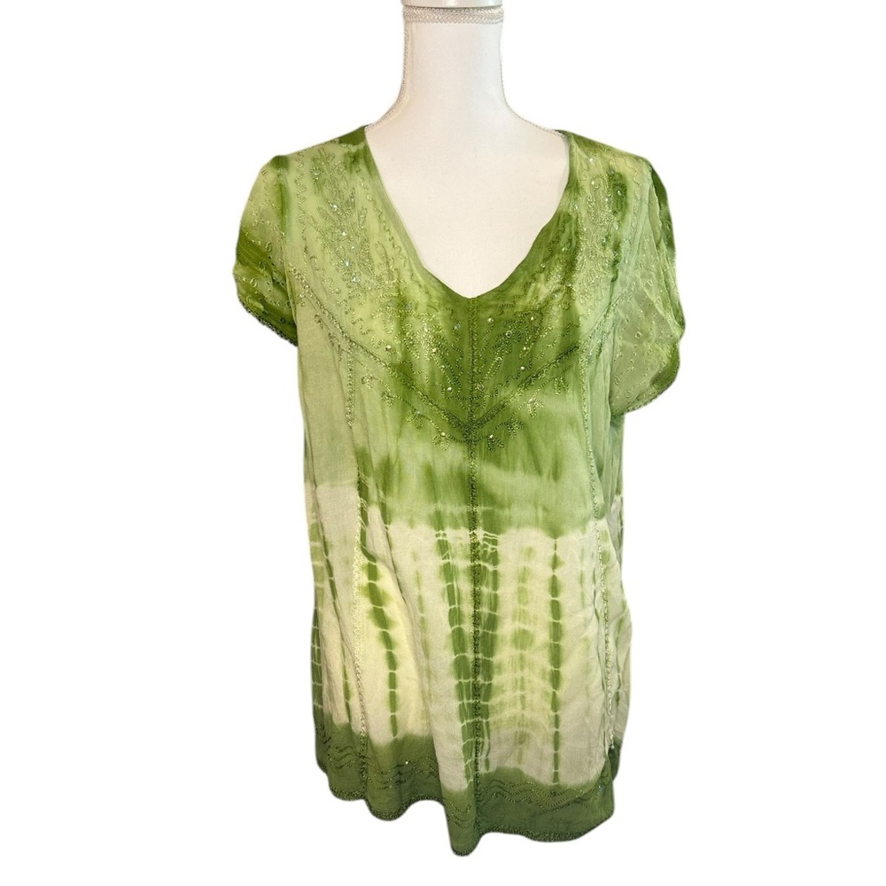 Advance Apparel Boho Embroidered Tie Dye Tunic Top Green Sheer Lagenlook Blouse